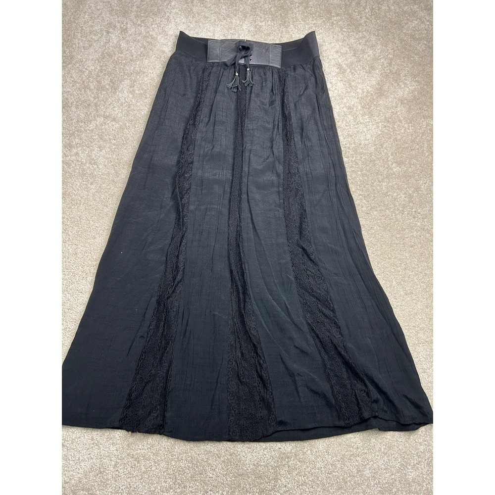 Black Maxi Skirt XL Lace Faux Leather Corset Waist Witchy Goth Boho Festival